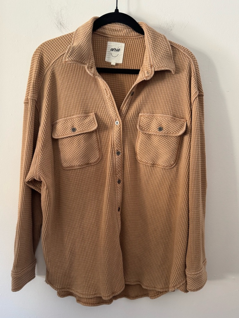 aerie Oversized Waffle-Knit Button Front Shirt Jacket in Tan Small